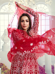 Floral Embroidered Thread Work Net Anarkali Kurta With Trousers & Dupatta