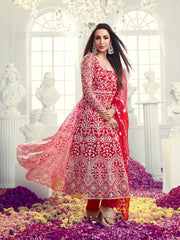 Floral Embroidered Thread Work Net Anarkali Kurta With Trousers & Dupatta