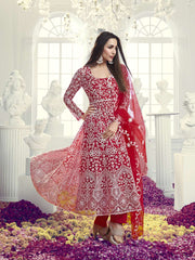 Floral Embroidered Thread Work Net Anarkali Kurta With Trousers & Dupatta