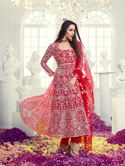 Floral Embroidered Thread Work Net Anarkali Kurta With Trousers & Dupatta