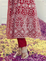Floral Embroidered Thread Work Net Anarkali Kurta With Trousers & Dupatta