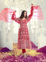 Floral Embroidered Thread Work Net Anarkali Kurta With Trousers & Dupatta