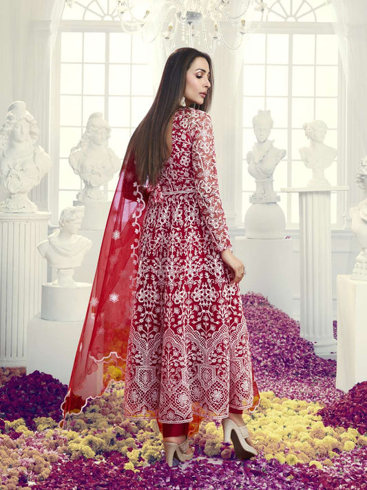 Floral Embroidered Thread Work Net Anarkali Kurta With Trousers & Dupatta
