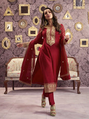 Women Ethnic Motifs Yoke Design Regular Sequinned Kurta with Trousers & With Dupatta