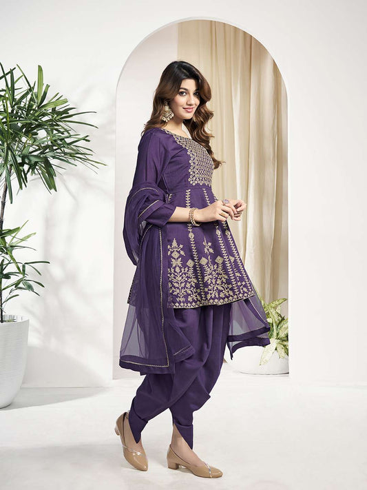 Women Ethnic Motifs Yoke Design Empire Thread Work Kurta with Dhoti Pants & With Dupatta