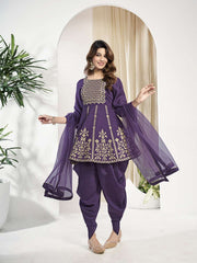 Women Ethnic Motifs Yoke Design Empire Thread Work Kurta with Dhoti Pants & With Dupatta