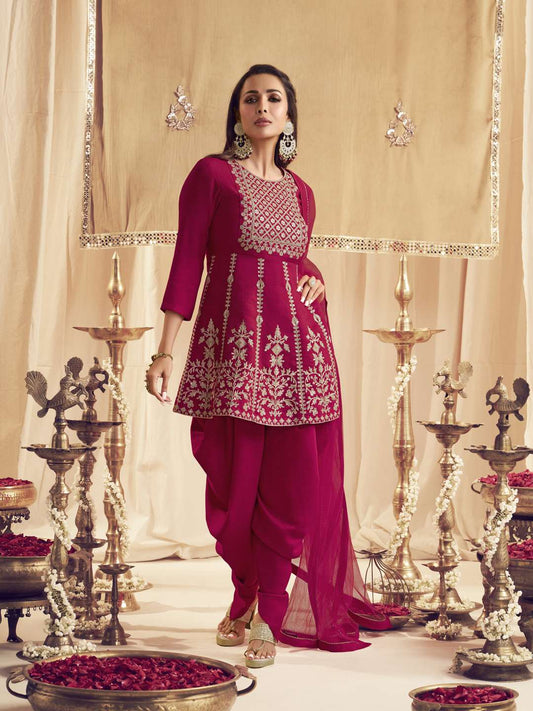 Women Ethnic Motifs Yoke Design Empire Thread Work Kurti with Dhoti Pants & With Dupatta