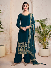 Floral Embroidered Sequinned Georgette Straight Kurta With Trousers & Dupatta