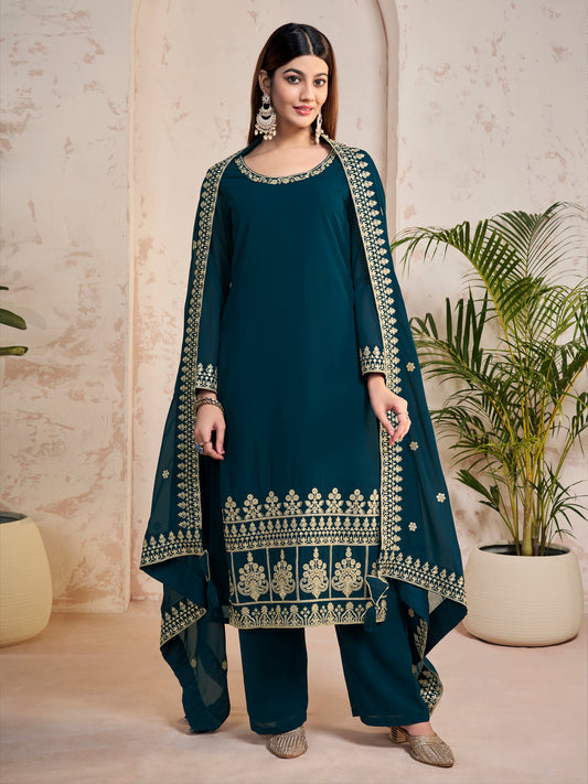 Floral Embroidered Sequinned Georgette Straight Kurta With Trousers & Dupatta