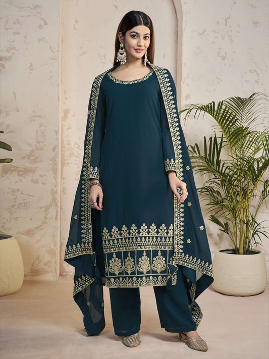 Floral Embroidered Sequinned Georgette Straight Kurta With Trousers & Dupatta