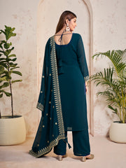 Floral Embroidered Sequinned Georgette Straight Kurta With Trousers & Dupatta