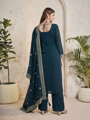 Floral Embroidered Sequinned Georgette Straight Kurta With Trousers & Dupatta