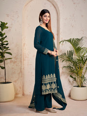 Floral Embroidered Sequinned Georgette Straight Kurta With Trousers & Dupatta