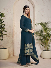 Floral Embroidered Sequinned Georgette Straight Kurta With Trousers & Dupatta