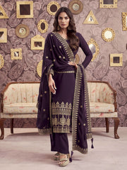 Ethnic Motifs Embroidered Georgette Straight Kurta With Palazzos & Dupatta