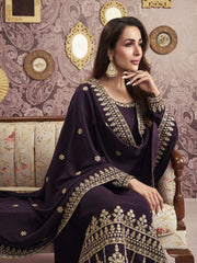 Ethnic Motifs Embroidered Georgette Straight Kurta With Palazzos & Dupatta