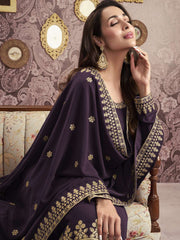 Ethnic Motifs Embroidered Georgette Straight Kurta With Palazzos & Dupatta