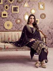 Ethnic Motifs Embroidered Georgette Straight Kurta With Palazzos & Dupatta