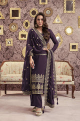 Ethnic Motifs Embroidered Georgette Straight Kurta With Palazzos & Dupatta