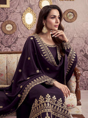 Ethnic Motifs Embroidered Georgette Straight Kurta With Palazzos & Dupatta