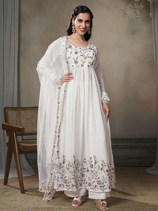 Women Floral Embroidered Pleated Thread Work Kurta with Palazzos & With Dupatta
