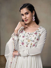 Women Floral Embroidered Pleated Thread Work Kurta with Palazzos & With Dupatta