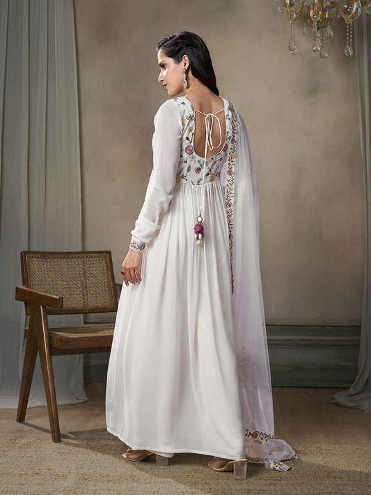 Women Floral Embroidered Pleated Thread Work Kurta with Palazzos & With Dupatta