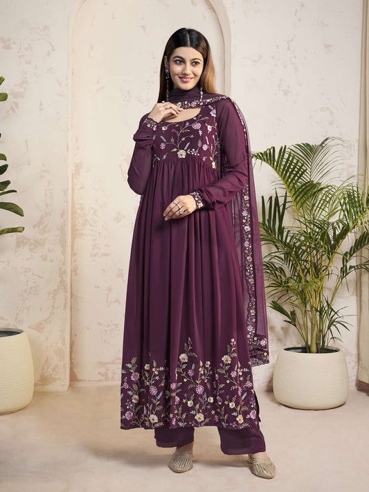 Women Floral Embroidered Pleated Thread Work Kurta with Palazzos & With Dupatta