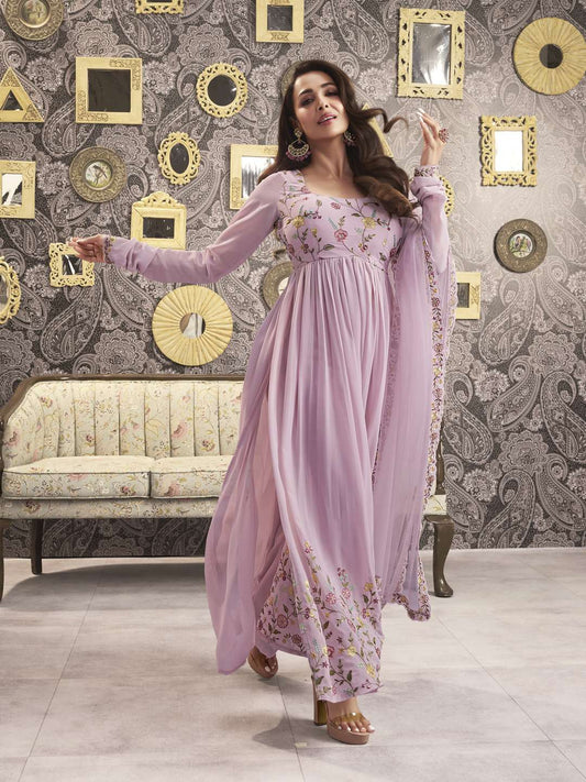 Women Floral Embroidered Pleated Thread Work Kurta with Palazzos & With Dupatta