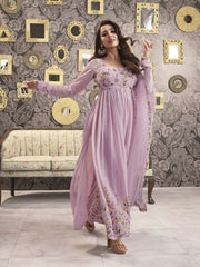 Women Floral Embroidered Pleated Thread Work Kurta with Palazzos & With Dupatta