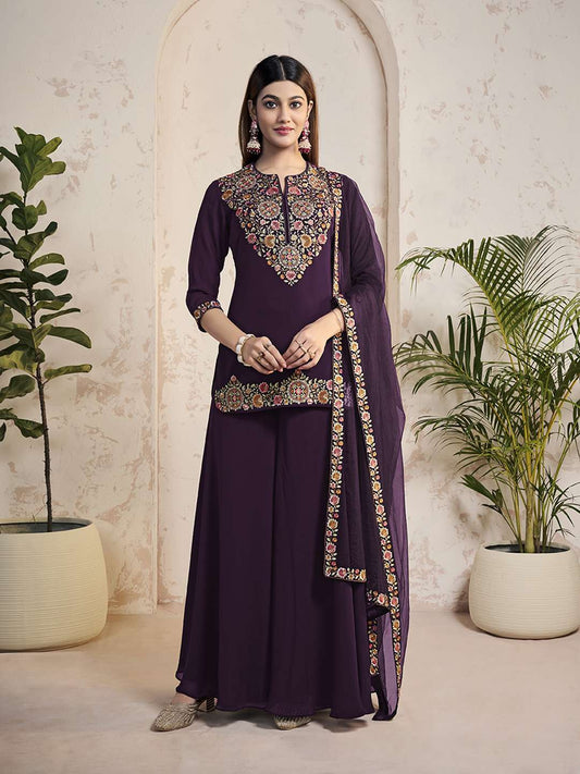 Women Floral Yoke Design Regular Thread Work Top with Palazzos & With Dupatta