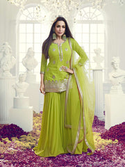 Floral Embroidered Notch Neck Georgette Straight Kurta With Sharara & Dupatta