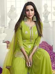 Floral Embroidered Notch Neck Georgette Straight Kurta With Sharara & Dupatta