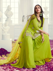 Floral Embroidered Notch Neck Georgette Straight Kurta With Sharara & Dupatta