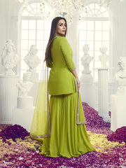 Floral Embroidered Notch Neck Georgette Straight Kurta With Sharara & Dupatta