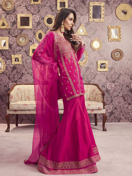 Ethnic Motifs Embroidered Notch Neck Sequinned A-Line Kurta With Sharara & Dupatta