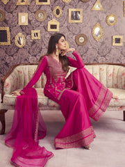 Ethnic Motifs Embroidered Notch Neck Sequinned A-Line Kurta With Sharara & Dupatta