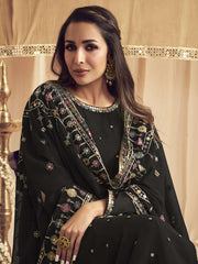 Ethnic Motifs Embroidered Sequin Georgette Straight Kurta With Trousers & Dupatta