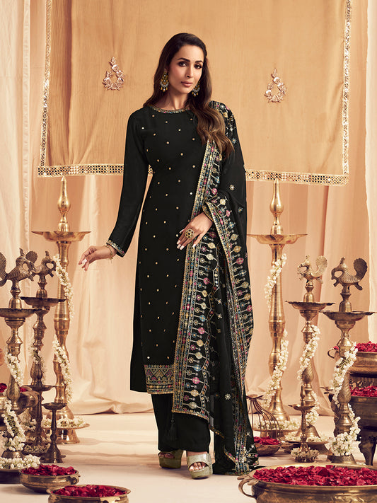 Ethnic Motifs Embroidered Sequin Georgette Straight Kurta With Trousers & Dupatta
