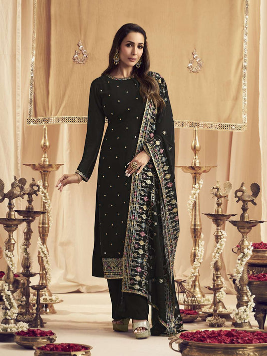 Ethnic Motifs Embroidered Sequin Georgette Straight Kurta With Trousers & Dupatta