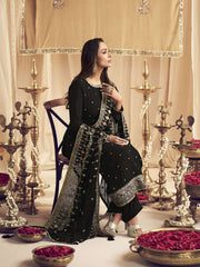 Ethnic Motifs Embroidered Sequin Georgette Straight Kurta With Trousers & Dupatta