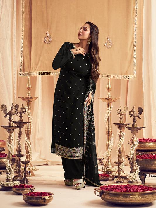 Ethnic Motifs Embroidered Sequin Georgette Straight Kurta With Trousers & Dupatta