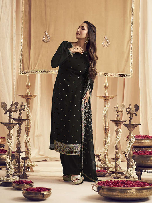 Ethnic Motifs Embroidered Sequin Georgette Straight Kurta With Trousers & Dupatta