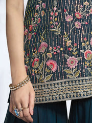 Women Floral Embroidered Regular Thread Work Kurta with Sharara & With Dupatta