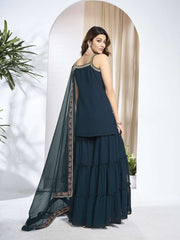 Women Floral Embroidered Regular Thread Work Kurta with Sharara & With Dupatta