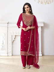 Floral Embroidered Round Neck Georgette Straight Kurta With Palazzos & Dupatta