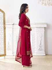 Floral Embroidered Round Neck Georgette Straight Kurta With Palazzos & Dupatta