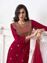 Floral Embroidered Round Neck Georgette Straight Kurta With Palazzos & Dupatta
