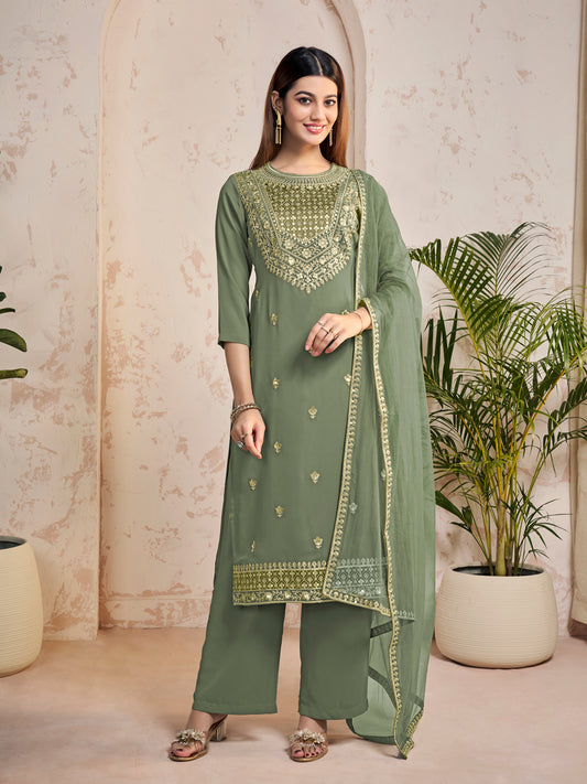 Women Floral Yoke Design Regular Sequinned Kurta with Palazzos & With Dupatta