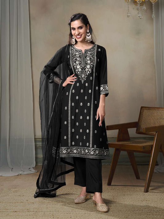 Women Floral Embroidered Regular Sequinned Kurta with Trousers & With Dupatta